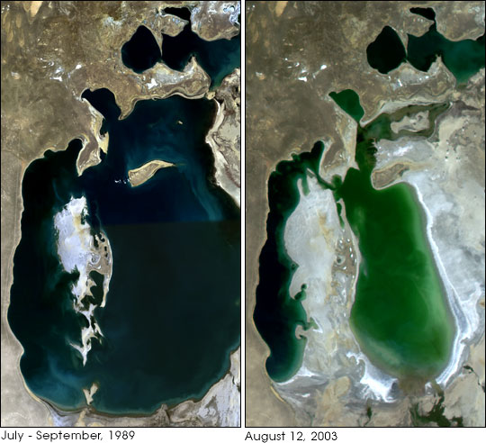 The Aral sea between 1989 and 2003.(Nasa Earth Observatory)